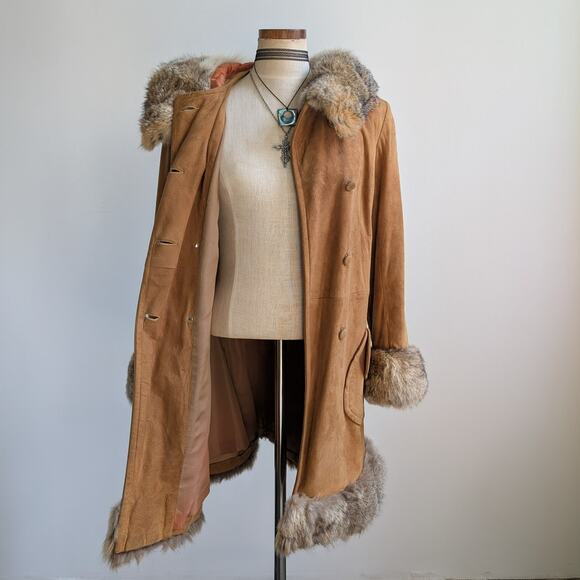 Vintage Brown Suede Fur Trim Penny Lane Jacket Furry Leather Trench Coat Medium - Picture 8 of 16